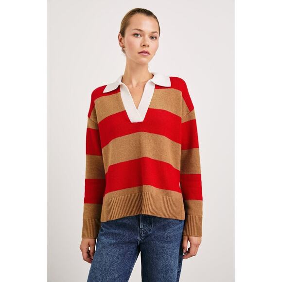 Rails Women's Cherry Camel Stripe Harris Collared Sweater Size Large cashmere - Picture 1 of 12